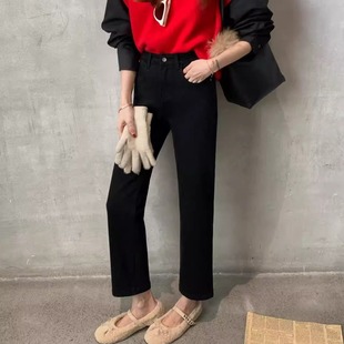 2025冬新款芭惑92311正版四面弹植绒复合绒九分直筒烟管牛仔裤女