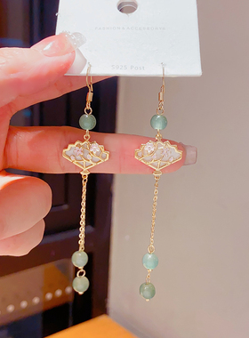 复古中国风长款耳环绿色流苏耳饰小众设计感耳夹汉服耳坠旗袍配饰