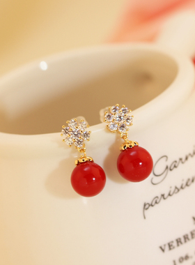 韩国耳饰珍珠耳环红色新娘耳钉无耳洞耳夹款假耳钉结婚饰品包邮女