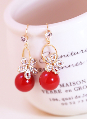 气质雏菊耳环无耳洞耳钉新娘耳饰红色珍珠耳环长款吊坠结婚饰品女