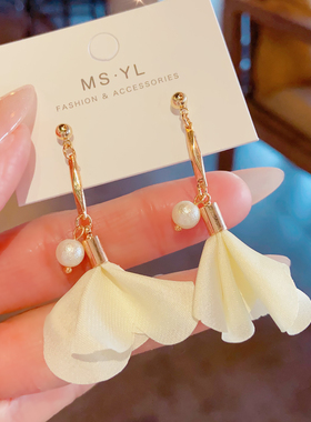 925银针法式雪纺花朵珍珠耳环2026新款温柔风气质耳夹无耳洞耳饰