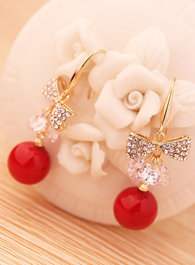 新娘耳饰韩国耳环红色珍珠耳夹无耳洞耳钉蝴蝶结锆石耳钉长款吊坠