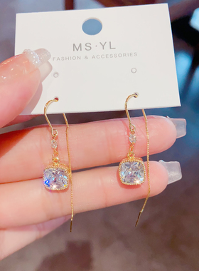 百搭简约几何方形锆石耳环长款防丢耳线无需耳洞戴的耳夹2025年新