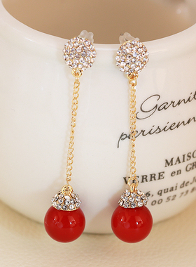 韩国红色珍珠耳环新娘结婚耳钉无耳洞耳夹长款流苏耳坠女耳饰品