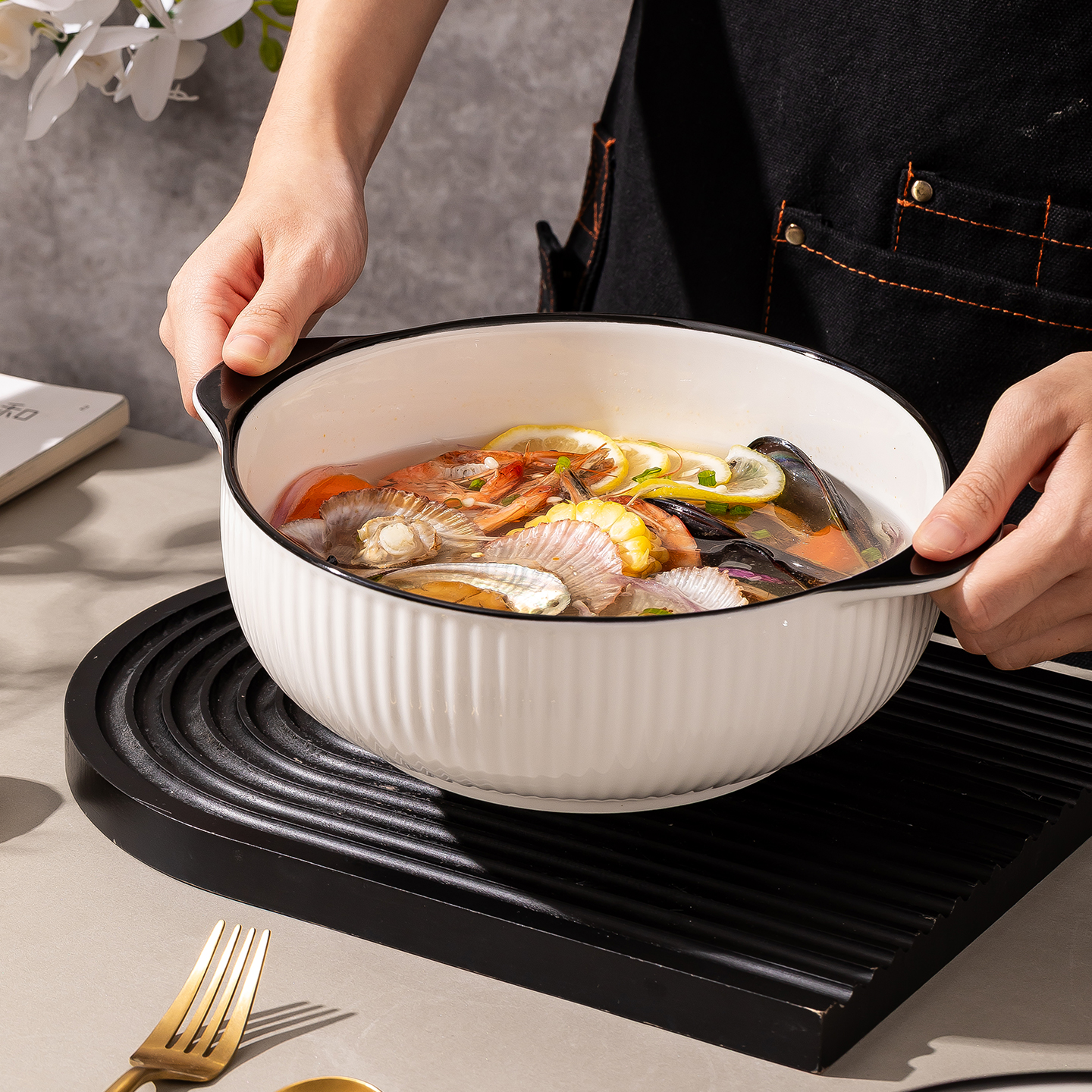 双耳防烫家用陶瓷大号汤碗