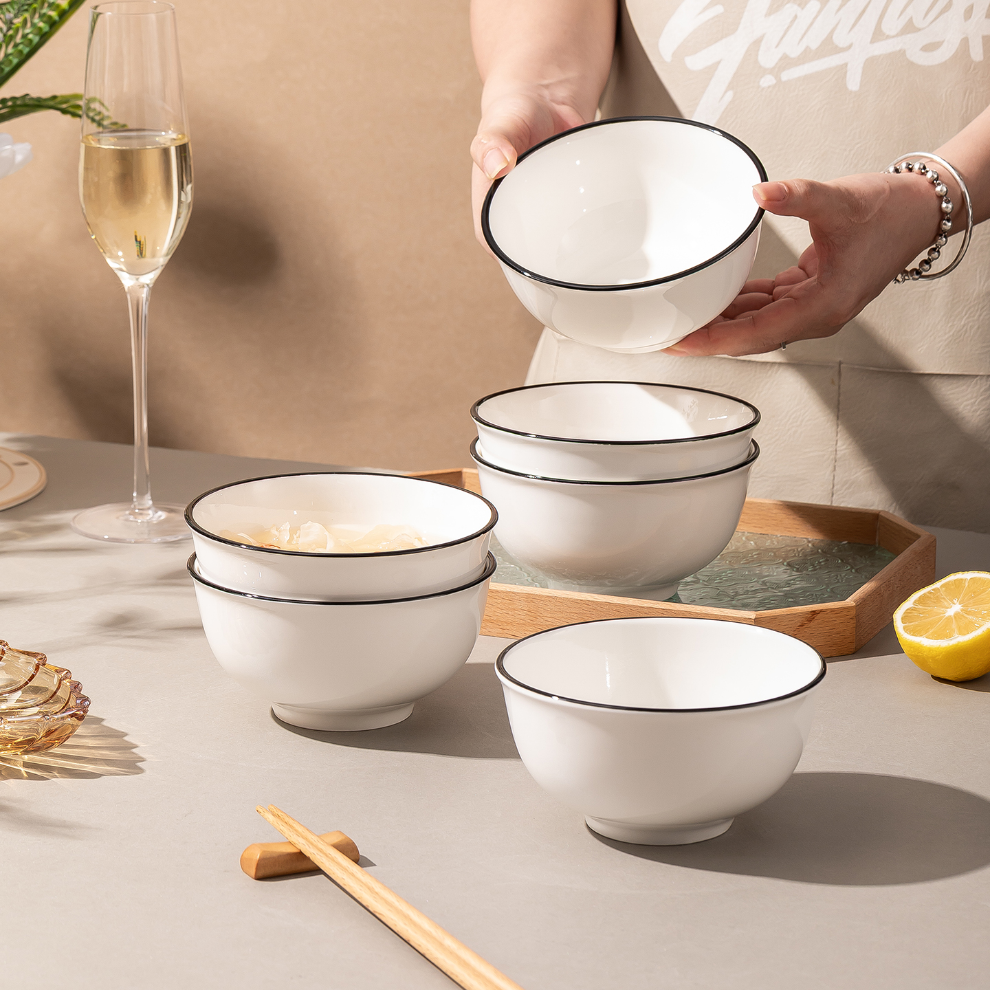 6款简约黑线家用陶瓷饭碗个性