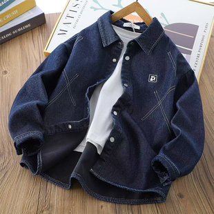 男童秋冬韩范加绒加厚衬衫款牛仔外套2025新款学生儿童保暖上衣潮