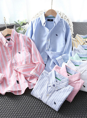 儿童长袖衬衫春秋白色纯棉男童条纹格子翻领衬衣小童宝宝休闲春装