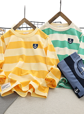 海魂条纹男童宽条长袖T恤儿童圆领打底衫2025春秋新款纯棉体恤衫