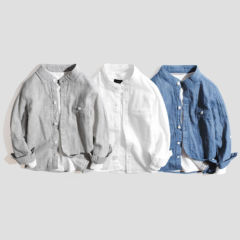 儿童双层纱衬衫薄款透气男童春季衬衣长袖2021新款宝宝立领上衣潮