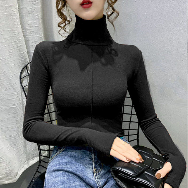 加绒加厚高领打底衫女冬天韩版大码女装带手套保暖衣内搭套指t恤