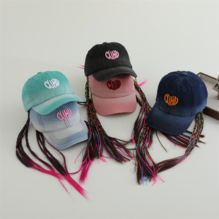 水洗做旧儿童辫子帽子男童棒球帽潮酷街舞假发牛仔女童鸭舌帽防晒