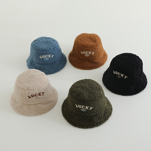 lucky韩国儿童可爱渔夫帽秋冬男宝宝盆帽羊羔毛加厚女童帽子洋气
