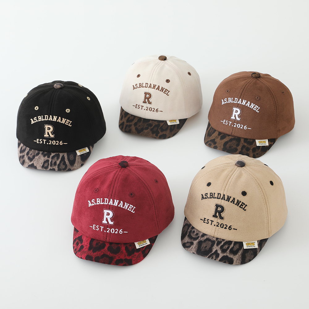 R字母豹纹宝宝帽子秋冬棒球帽刺绣时尚百搭男女童儿童鸭舌帽百搭