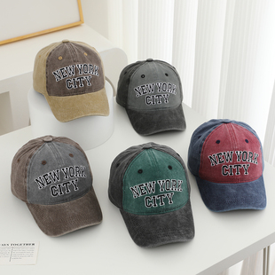 春秋拼色牛仔男童潮酷遮阳棒球帽女童百搭水洗做旧刺绣字母鸭舌帽