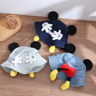 牛仔儿童渔夫帽卡通耳朵春秋季防晒盆帽男女童休闲百搭宝宝帽子潮