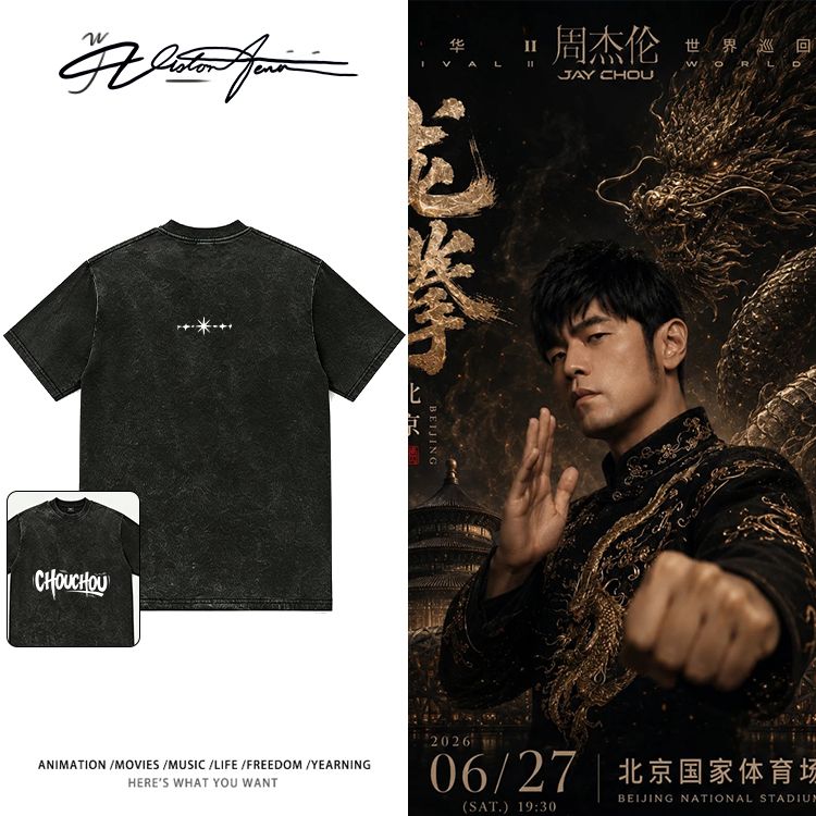 周杰伦2026嘉年华北京龙拳演唱会周边纯棉水洗做旧重磅短袖T恤男