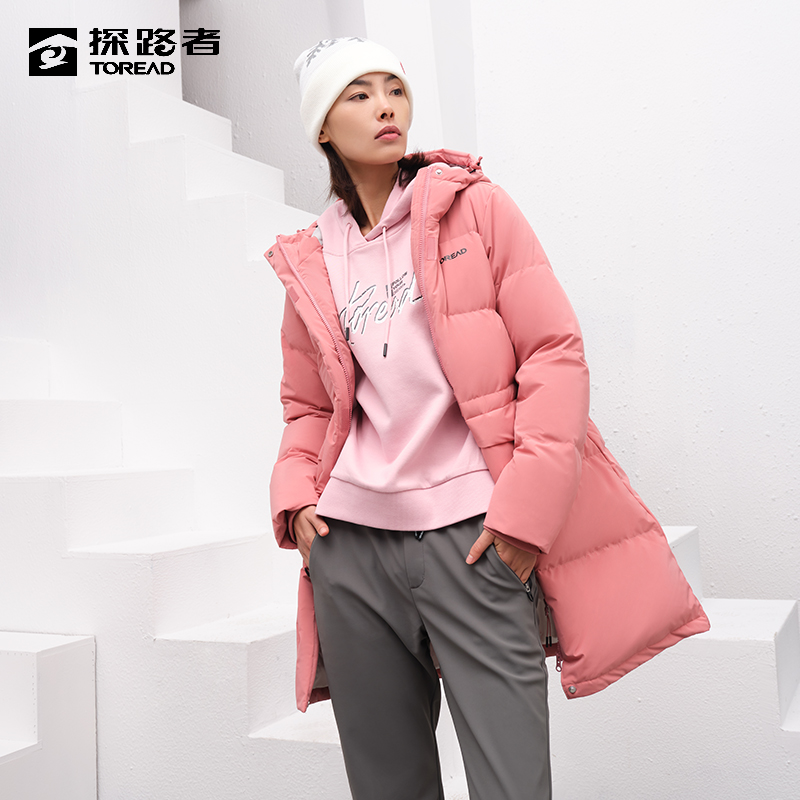 【鸭绒】中长羽绒服探路者秋冬女款户外休闲防风防寒保暖连帽轻薄