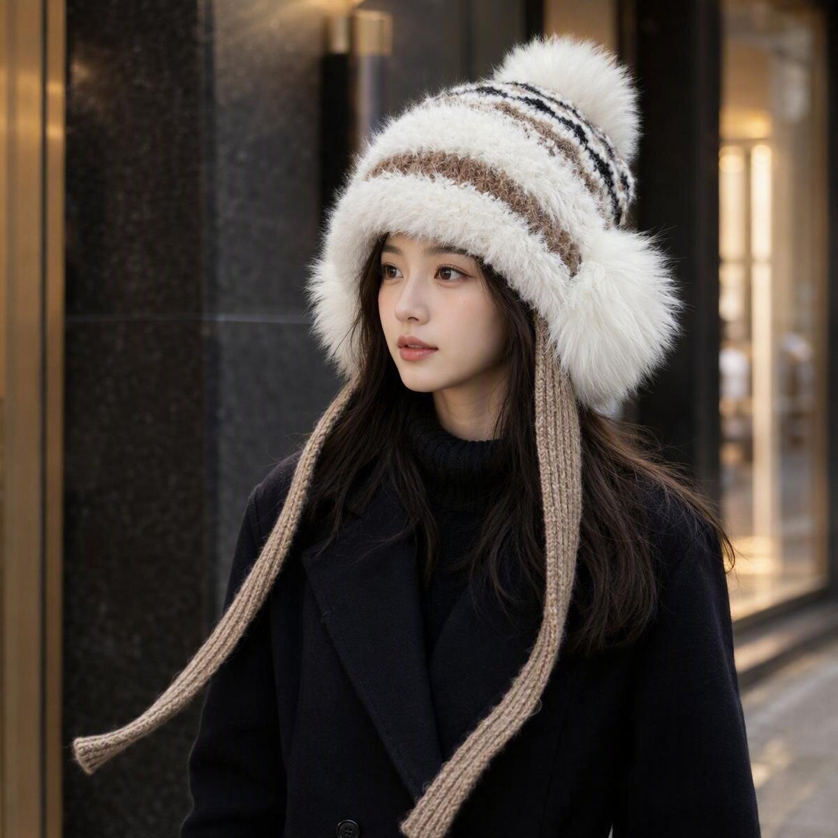 毛绒耳包雷锋帽女秋冬季加厚保暖护耳针织帽显脸小长飘带毛线帽子