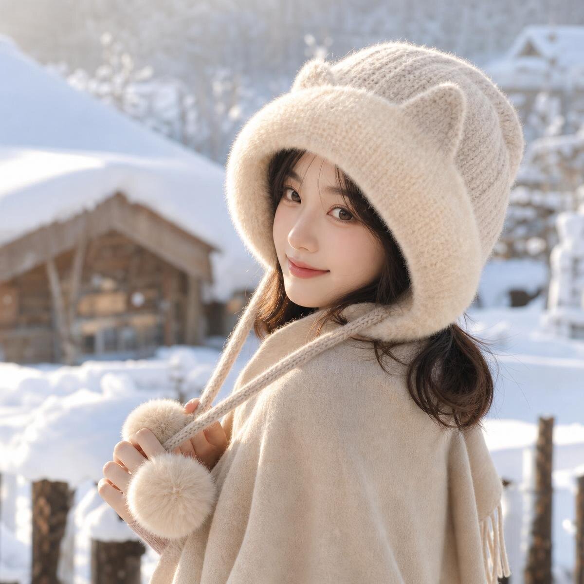 甜美猫耳朵毛线帽温柔奶杏色加厚雷锋帽毛球长绳少女冬季防寒帽子