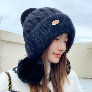 加绒加厚保暖护耳帽韩版 甜美可爱针织毛线帽子女冬季 显脸小毛球帽