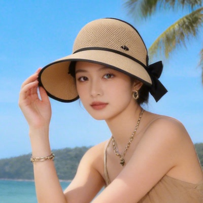 夏季防晒空顶帽子女大檐遮阳帽透气可扎马尾蝴蝶结太阳帽优雅凉帽