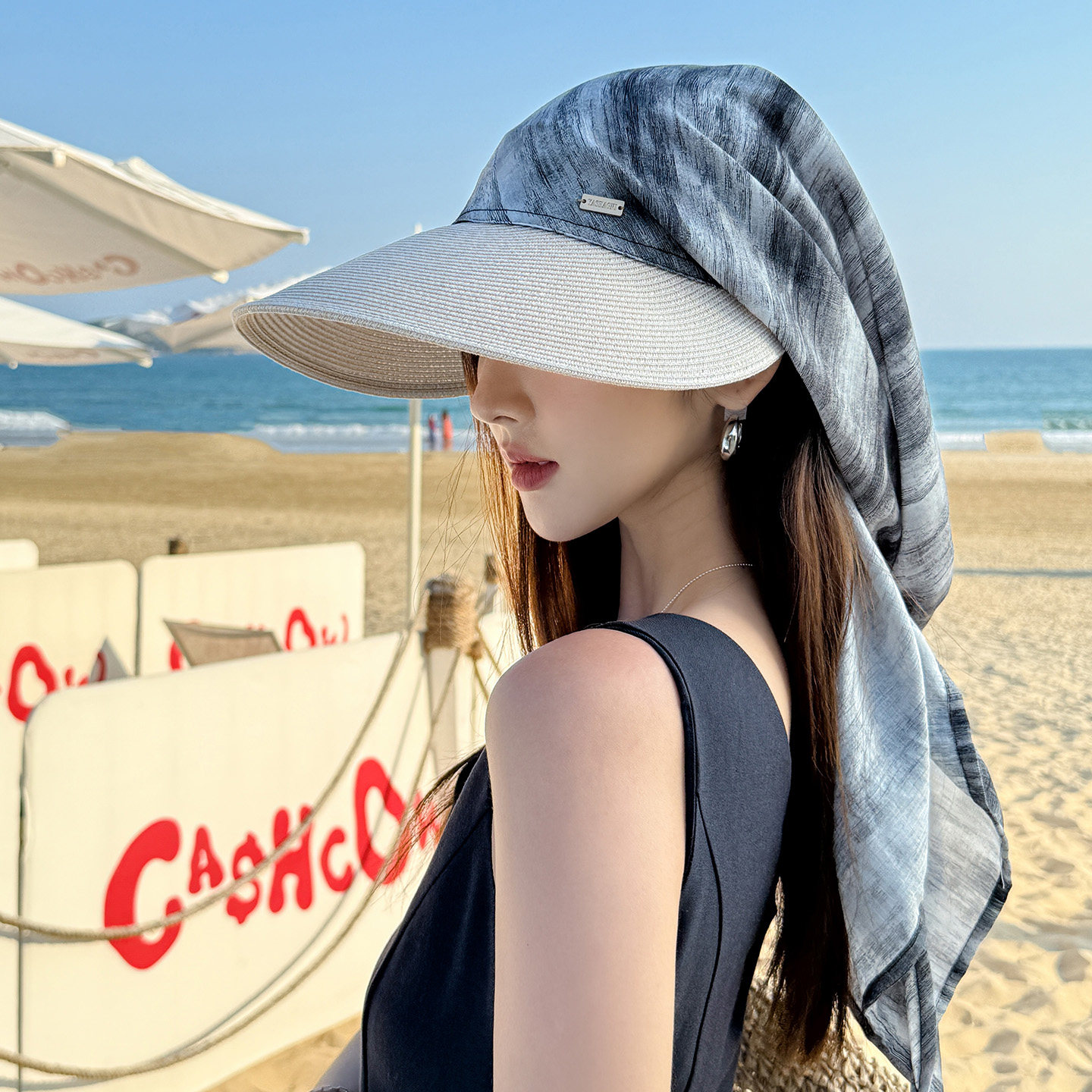 护脖颈披肩帽子女防晒太阳帽夏季绑带丝巾草编新款遮阳帽防紫外线