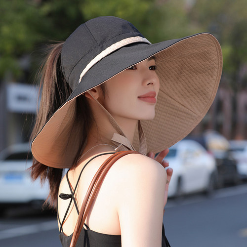 扎高马尾空顶渔夫帽夏季大檐防晒太阳帽女新款户外可折叠遮阳帽子