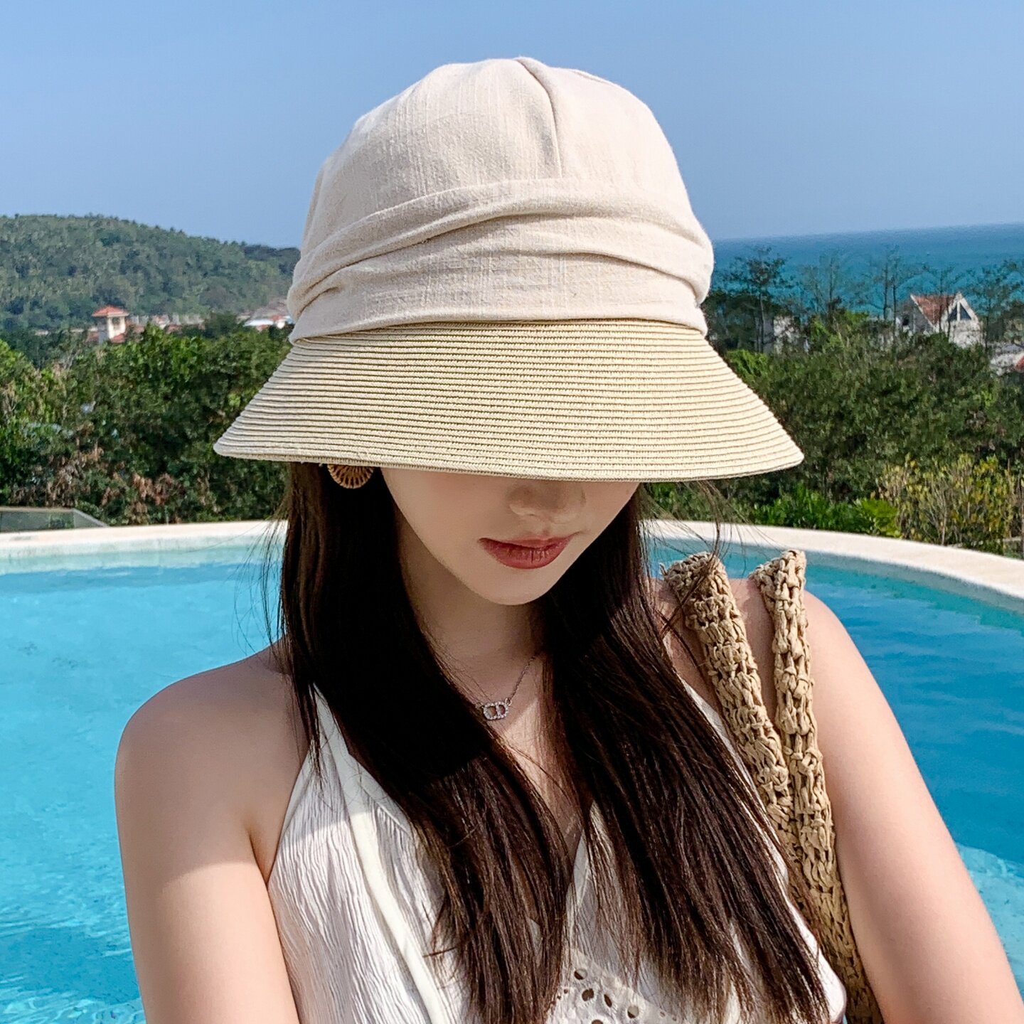 日系拼色渔夫帽女春夏季户外防晒显脸小遮阳帽子休闲太阳帽布草帽