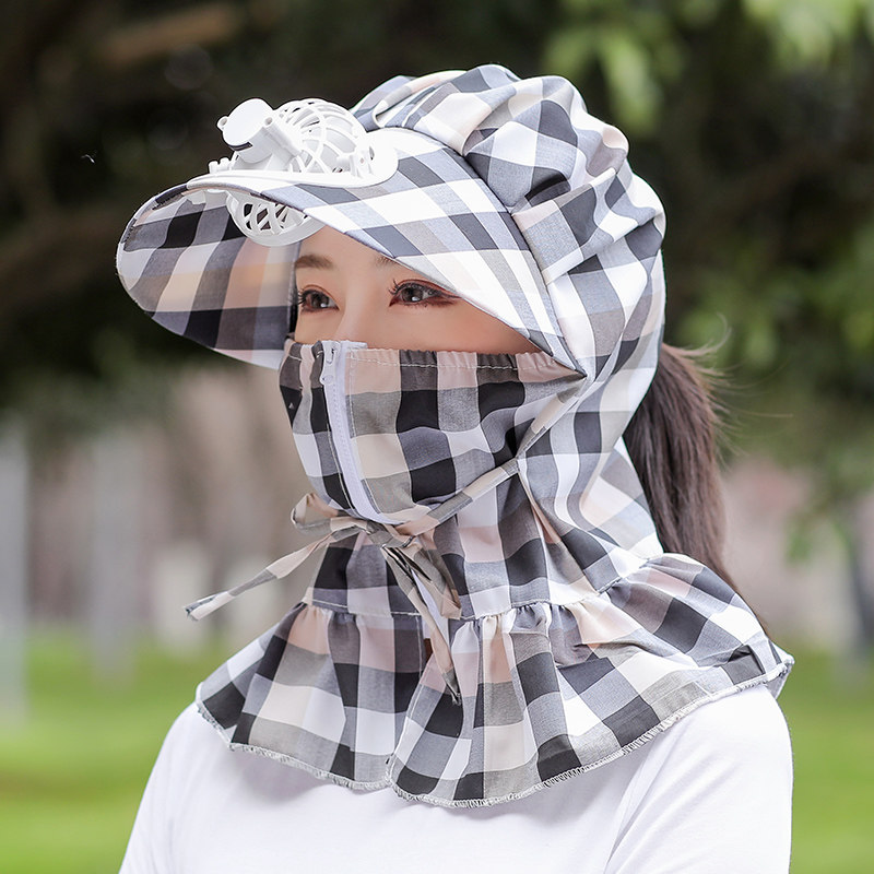 大沿遮阳帽子女士夏季户外防晒帽风扇帽干农活遮脸防尘面罩太阳帽