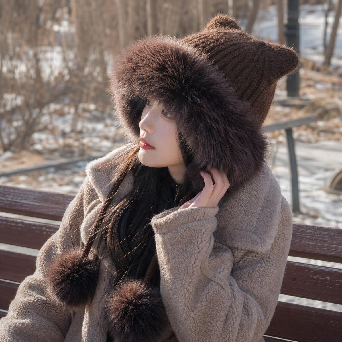 立体猫耳针织帽女冬季复古氛围感加厚保暖雷锋帽户外滑雪毛线帽子