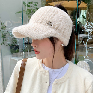 针织鸭舌帽子女秋冬季时尚百搭可扎马尾冬天保暖护耳加绒空顶帽子