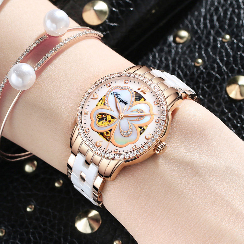 新款女士手表机械表全自动防水时尚夜光陶瓷女表 情人节七夕送礼