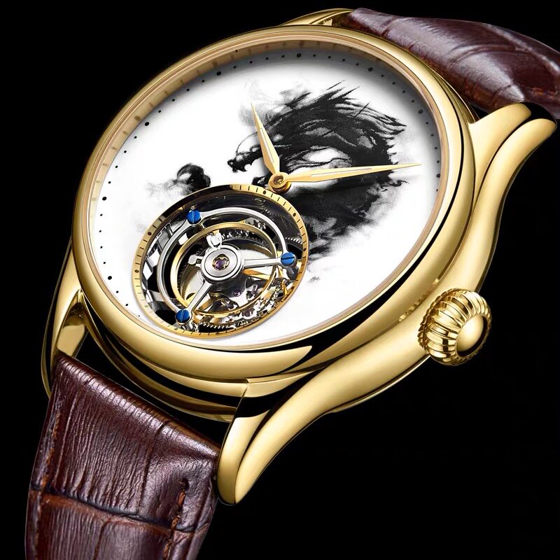 文艺范 水墨腾龙 现货礼品陀飞轮手表男士男表时尚防水真皮机械表