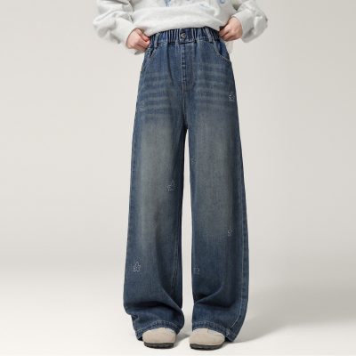 女童直筒牛仔裤秋装2025新款女大童秋冬款一体绒儿童休闲加绒裤子