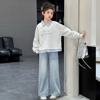 女童一体绒套装秋冬款2025新款洋气中大童儿童加绒卫衣牛仔裤秋装