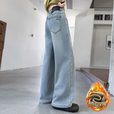 女童一体绒牛仔裤秋冬款2025新款中大童儿童冬装女孩加厚直筒裤子