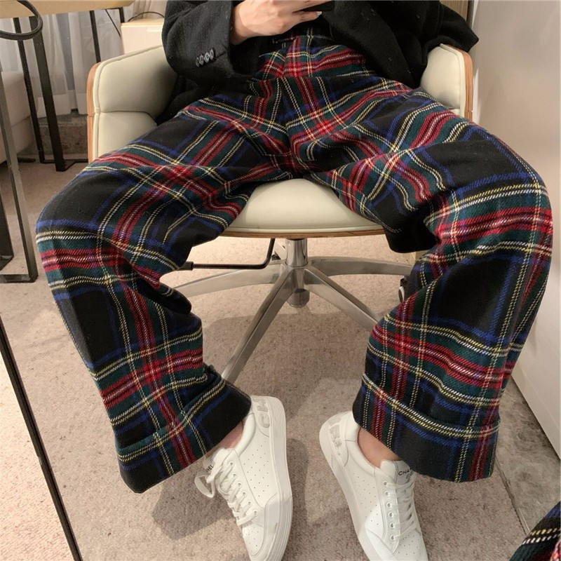 thumbnail for Plus Size Vintage Scottish Plaid Tweed Pants Women's Autumn Winter New Fat mm Slim High Waist Wide Leg Straight Long Pants