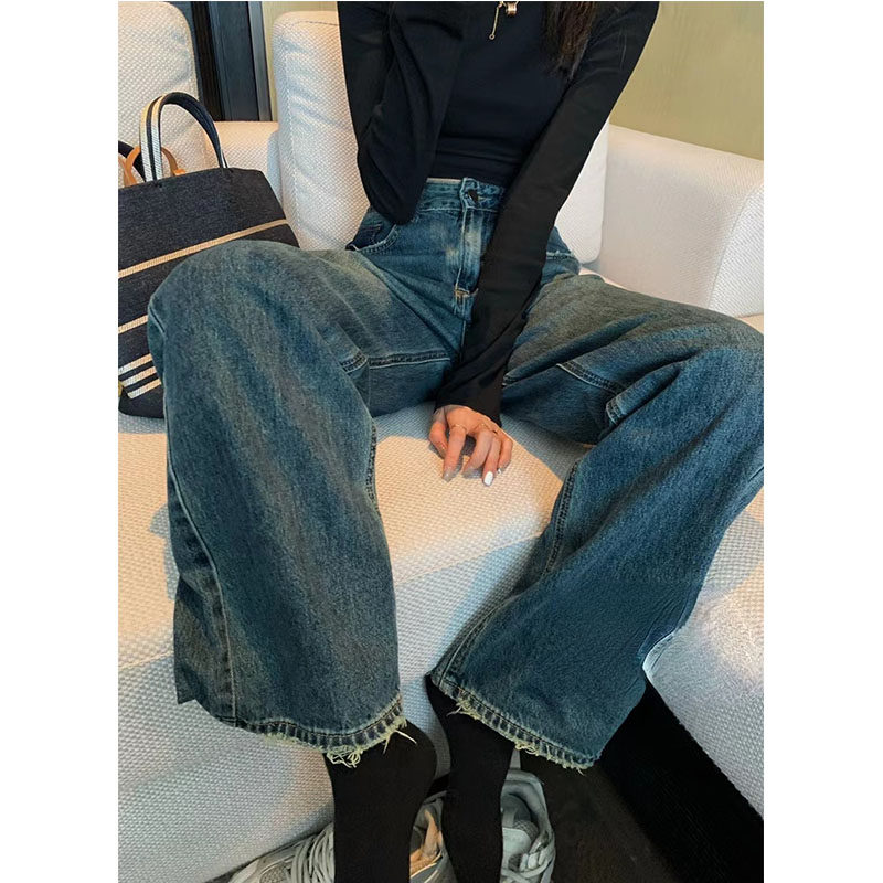 PLUS SIZE RETRO STRAIGHT-LEG JEANS WOMENS MOPPING HIGH WAIST PEAR-SHAPED SLIMMED DESIGN LOOSE RAW-EDGED WIDE-LEG PANTS