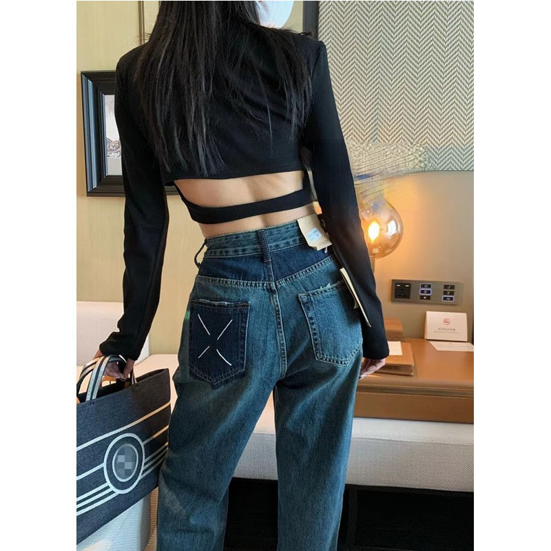 PLUS SIZE RETRO STRAIGHT-LEG JEANS WOMENS MOPPING HIGH WAIST PEAR-SHAPED SLIMMED DESIGN LOOSE RAW-EDGED WIDE-LEG PANTS
