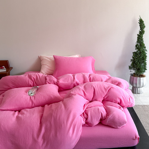 玫红色皱皱纱100纯棉四件套春夏新品被套床上用品纯素色粉色纱布