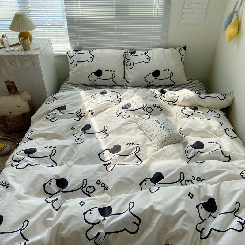 黑白狗狗全棉床单四件套ins风可爱纯棉被单被套学生三件套床笠式