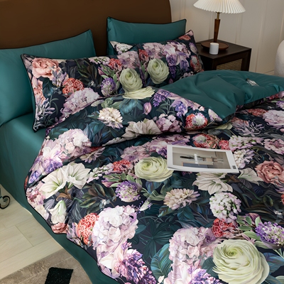 玫瑰花纯棉100支新疆长绒棉四件套全棉贡缎被套墨绿色加大床品2米