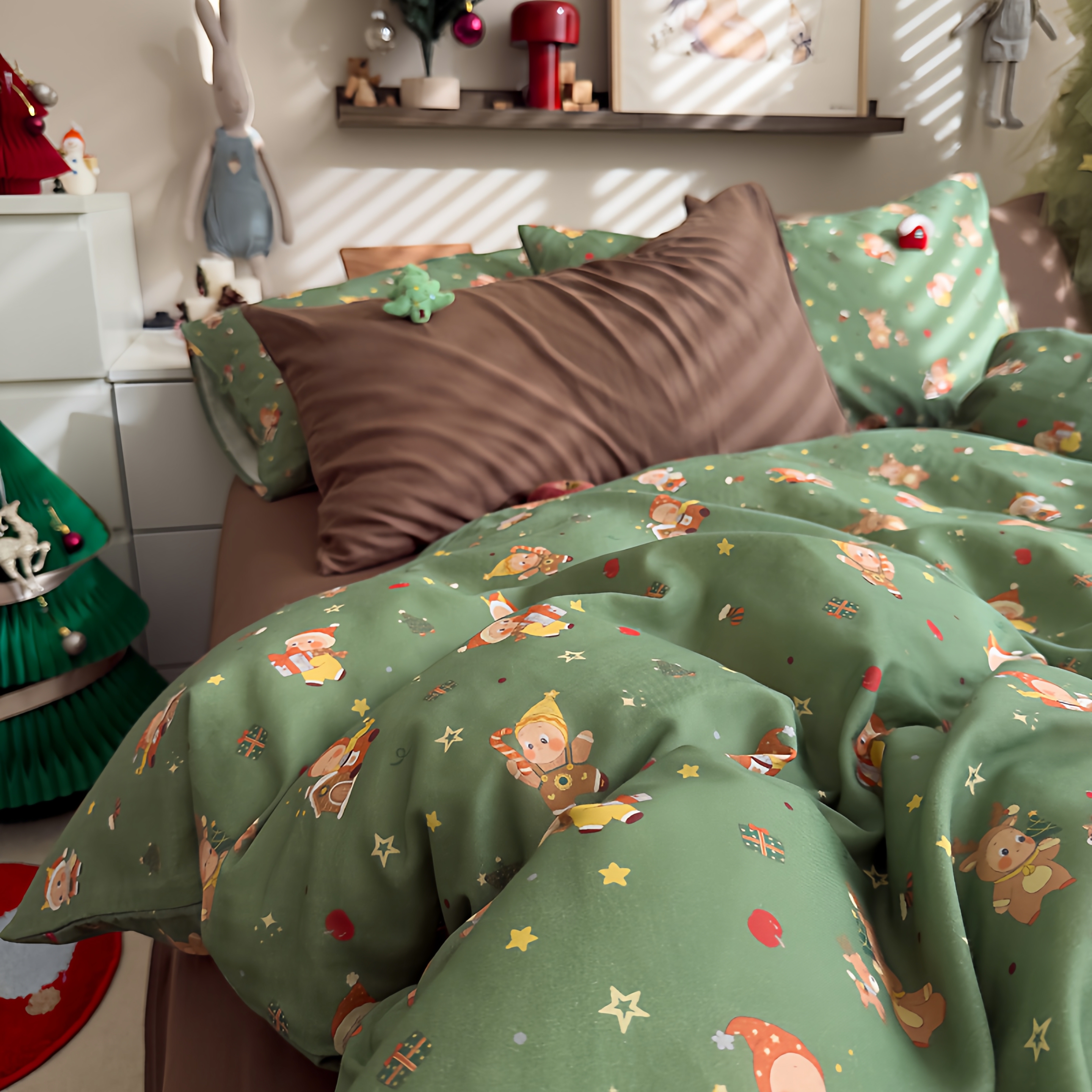 星星人全棉被套四件套双层纱可爱圣诞绿色纯棉被罩床单床品A类2米
