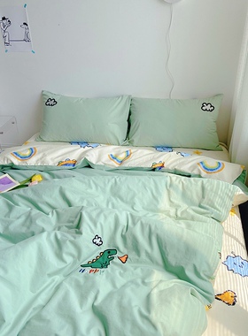 A版水洗棉刺绣B版纯棉斜纹ins绿色喷火小恐龙龙床上四件套全纯棉