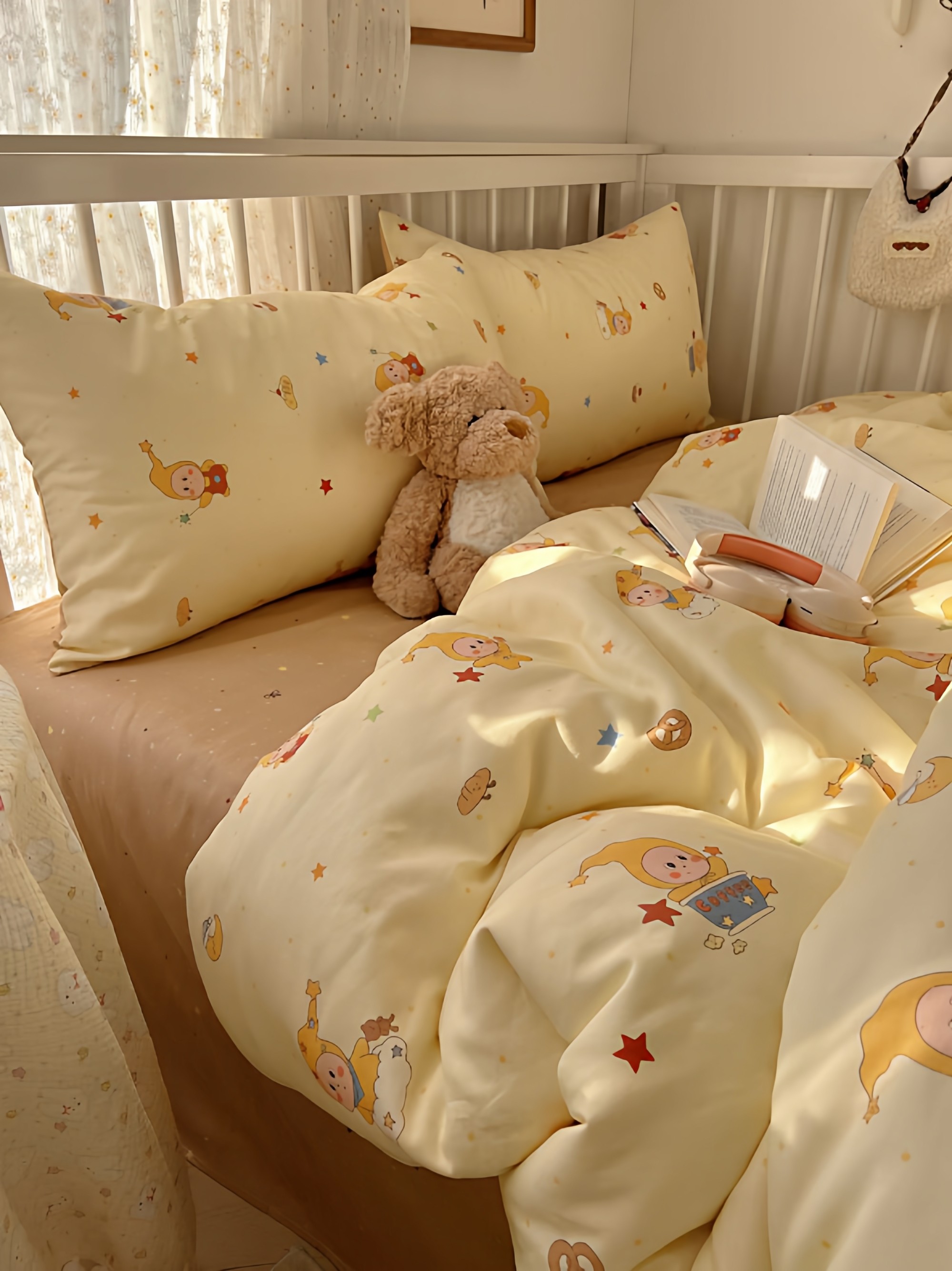 星星人卡通四件套全棉床单被套单人床品纯棉ins可爱黄色床笠款1.8,床上用品,床品套件/四件套/多件套,淘宝优惠券,粉丝福利购,淘宝优惠卷