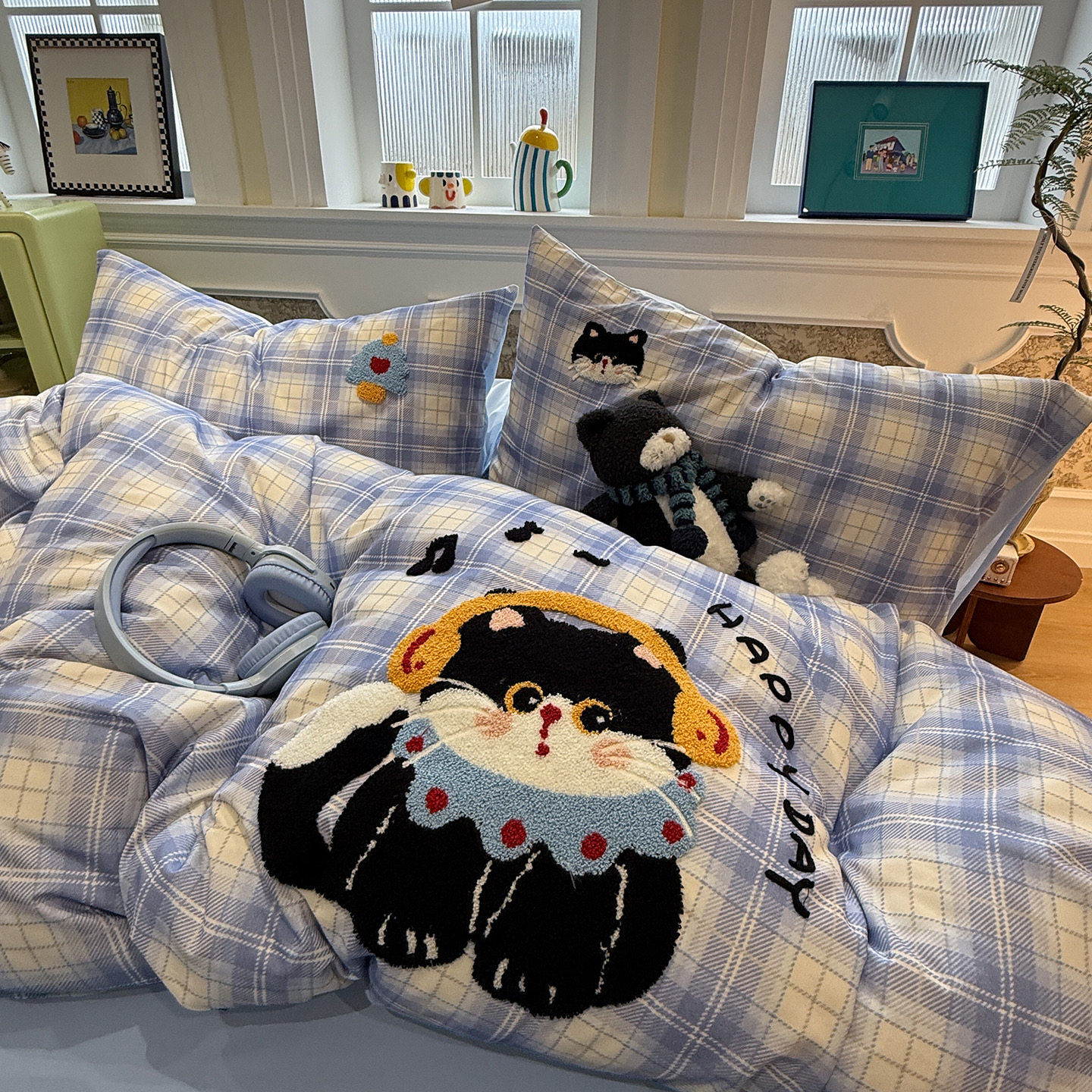 全棉四件套蓝色格子小猫咪被套纯棉1.8m床上用品40支精梳棉加大2m