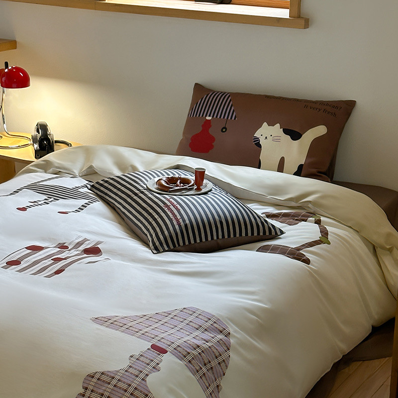 可爱猫咪时尚美式贡缎长绒棉四件套美式数码印花纯棉高级被套床单