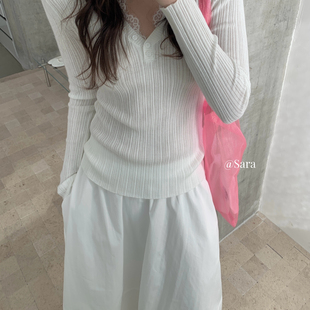 SARA-法式蕾丝花边拼接针织衫(含6羊毛)wm346