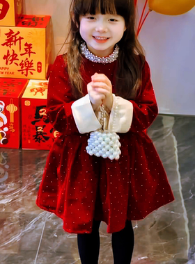 女童过年衣服多甜妈童装闪闪丝绒加绒连衣裙2026珍珠蓬蓬公主裙